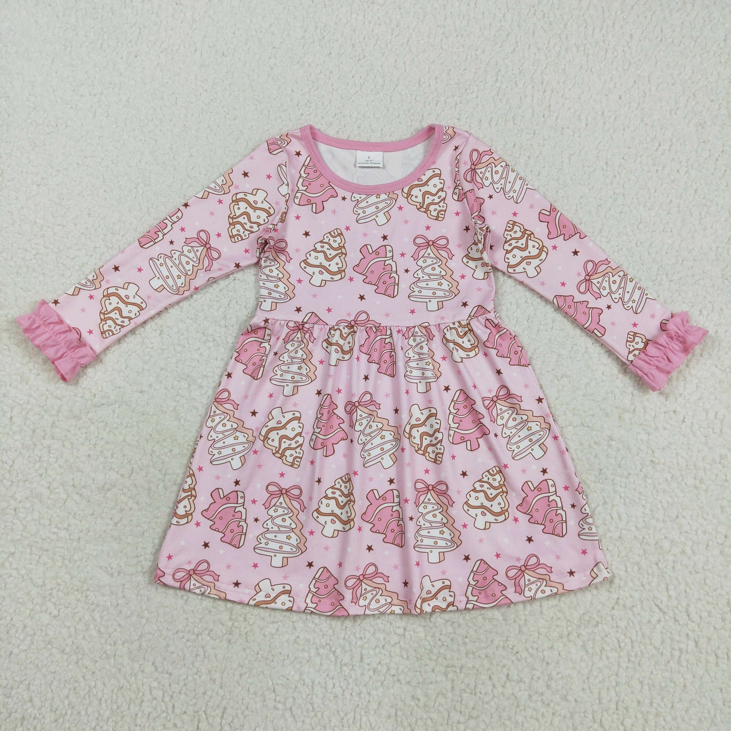 RTS NO MOQ (In stock)GLD1124Baby Girls Winter Dress Baby Girls Christmas Tree Cake Pink Long Sleeve Dress