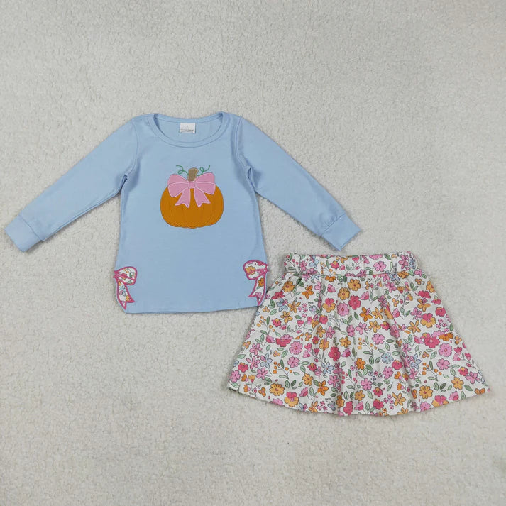 9.22 RTS Sibling Embroidery Bows Ghosts Pumpkins Baby Girls Shirts Top Flowers Leopard Skorts Fall Clothes Sets