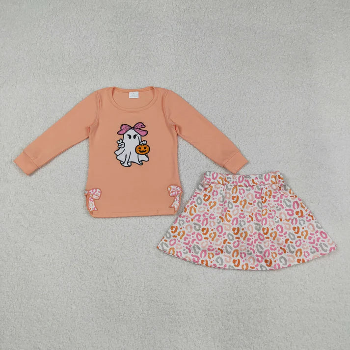 9.22 RTS Sibling Embroidery Bows Ghosts Pumpkins Baby Girls Shirts Top Flowers Leopard Skorts Fall Clothes Sets