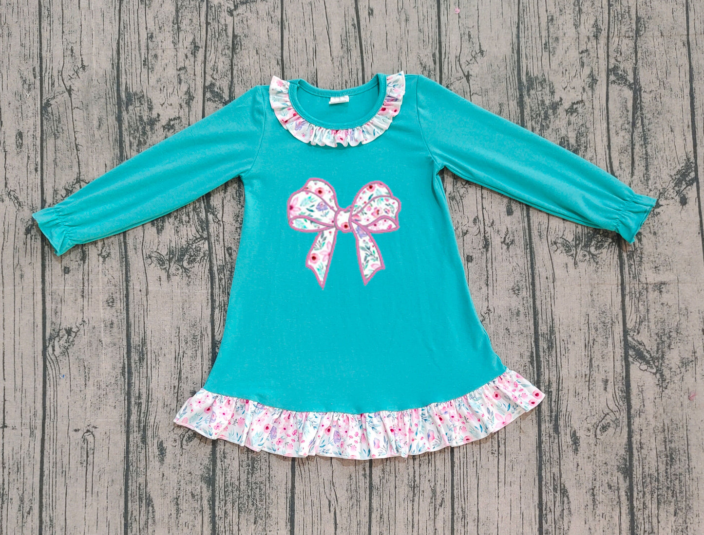 9.26 GLD1204 Sample No Moq Embroidery Floral Bows Baby Girls Aqua Ruffle Knee Length Dresses