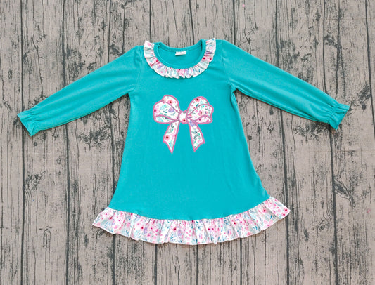 9.26 GLD1204 Sample No Moq Embroidery Floral Bows Baby Girls Aqua Ruffle Knee Length Dresses