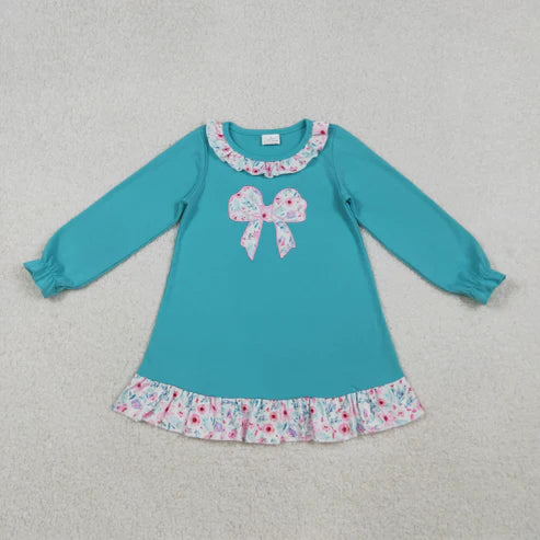 10.22 RTS Sibling Embroidery Floral Bows Baby Girls Knee Length Dresses Ruffle Collar Rompers