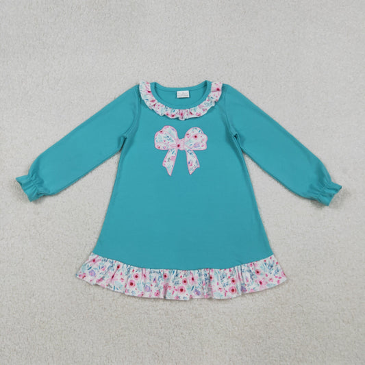 10.20 RTS NO MOQ (In stock)GLD1204 Baby Girls Winter Dress Embroidery Floral Bows Baby Girls Ruffle Knee Length Dresses