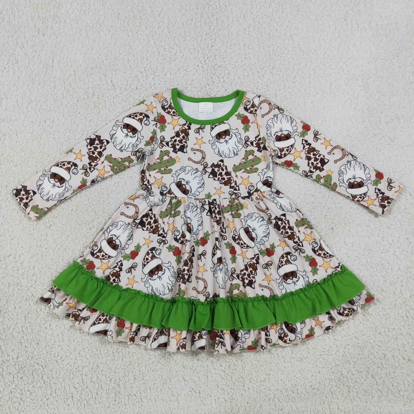 RTS NO MOQ (In stock)milk silk GLD1213 Baby Girls Christmas Western Long Sleeves Santa Cactus Ruffle Knee Length Dresse