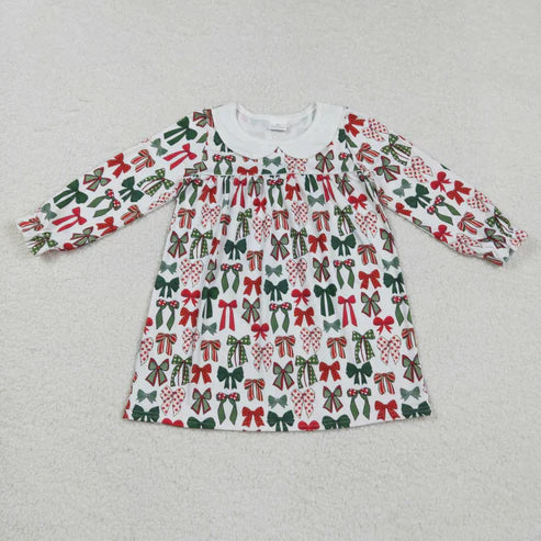 9.27 RTS Sibling Baby Girls Green Red Bows Christmas Knee Length Dresses