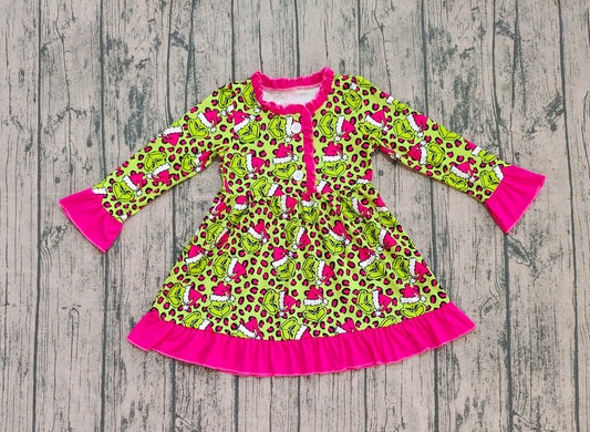 9.23 GLD1254 XS-3XL Sample No Moq Fast Coming Baby Girls Christmas Leopard Green Face Ruffle Knee Length Dresses