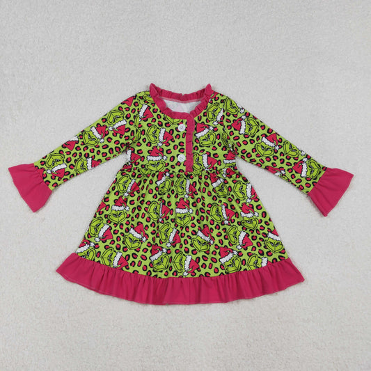 10.17 RTS NO MOQ (In stock)GLD1254 Baby Girls Winter Dress Baby Girls Green Leopard Grin Christmas Button Ruffle Knee Length Dresses