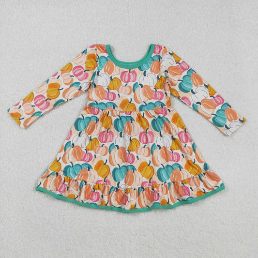 RTS NO MOQ (In stock)GLD1264 Baby Girls Winter Dress Colorful Pumpkin Long Sleeve Girls Dress with Ruffles for Fall Season Girls Clothing