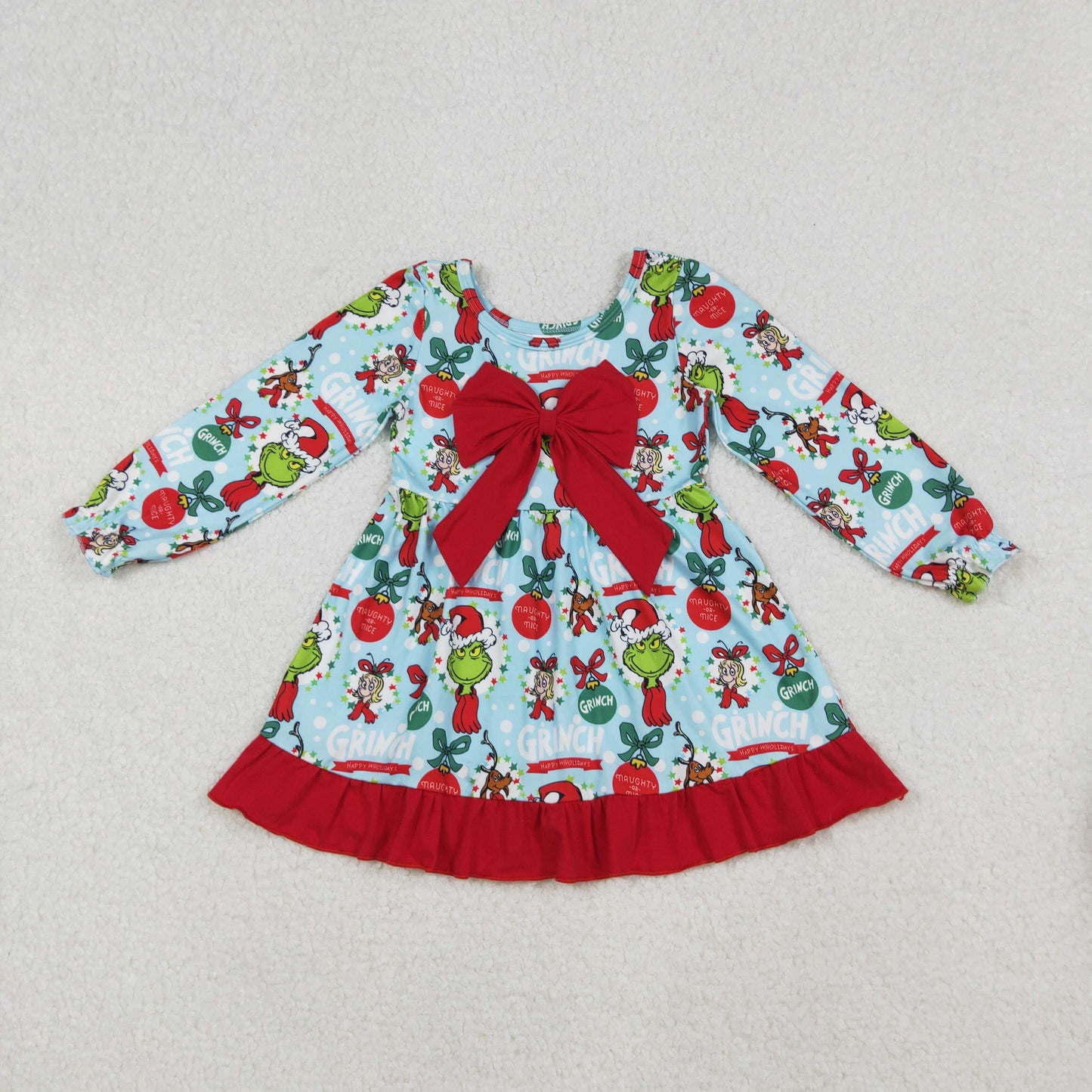 RTS NO MOQ (In stock)GLD1269 Baby Girls Winter Dress Christmas Green Face Bows Holly Big Bow Knee Length Dresses