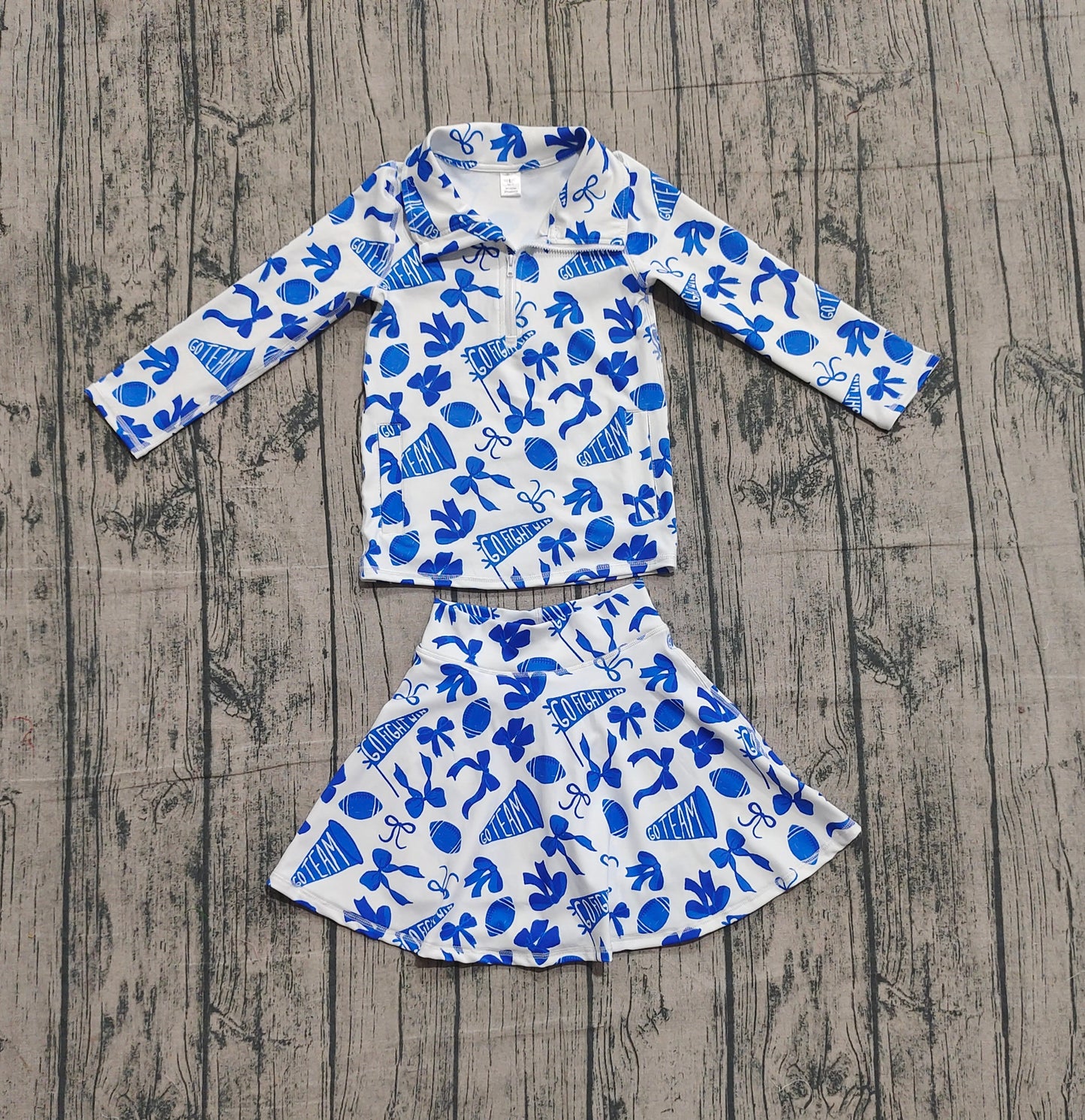 10.2 GLD1283 Sample No Moq Yoga fabric Baby Girls Blue Bows Go Team Zipper Pullovers Skirts Shorts Yoga Clothes Set