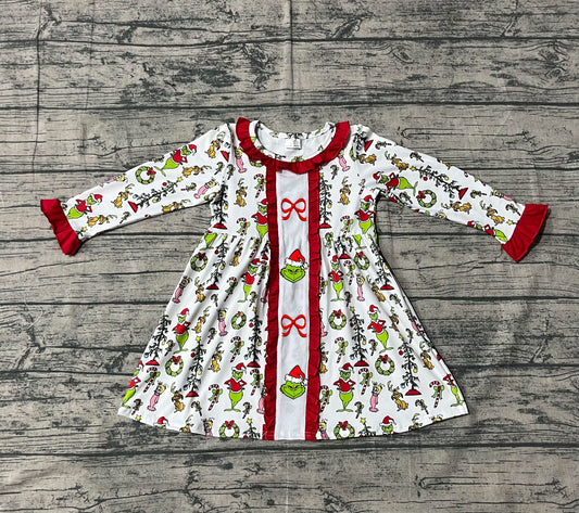 9.16 GLD1289 Sample No Moq Fast Coming Baby Girls Embroidery Baby Girls Green Face Miss Bows Christmas Knee Length Dresses