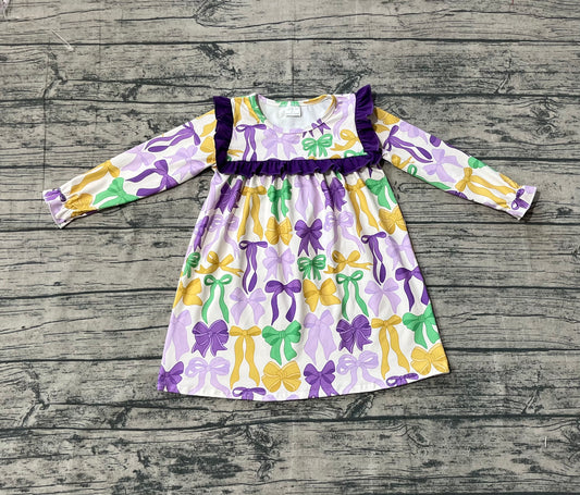 9.17 GLD1289 Sample No Moq Fast Coming Baby Girls Mardi Gras Bows Ruffle Knee Length Dress