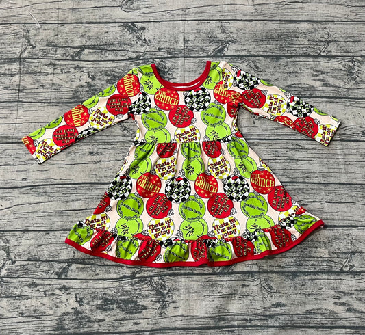 9.17 GLD1296 Sample No Moq Fast Coming Baby Girls Red Green Face Lights Christmas Ruffle Knee Length Dress