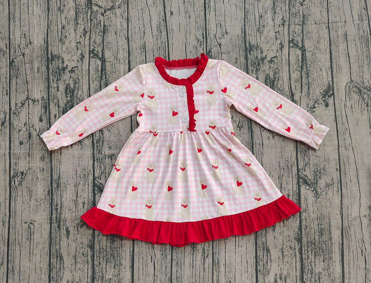 10.3 GLD1322 XS-3XL Sample No Moq Baby Girls Pink Checked Dogs Hearts Button Ruffle Valentine Knee Length Dress