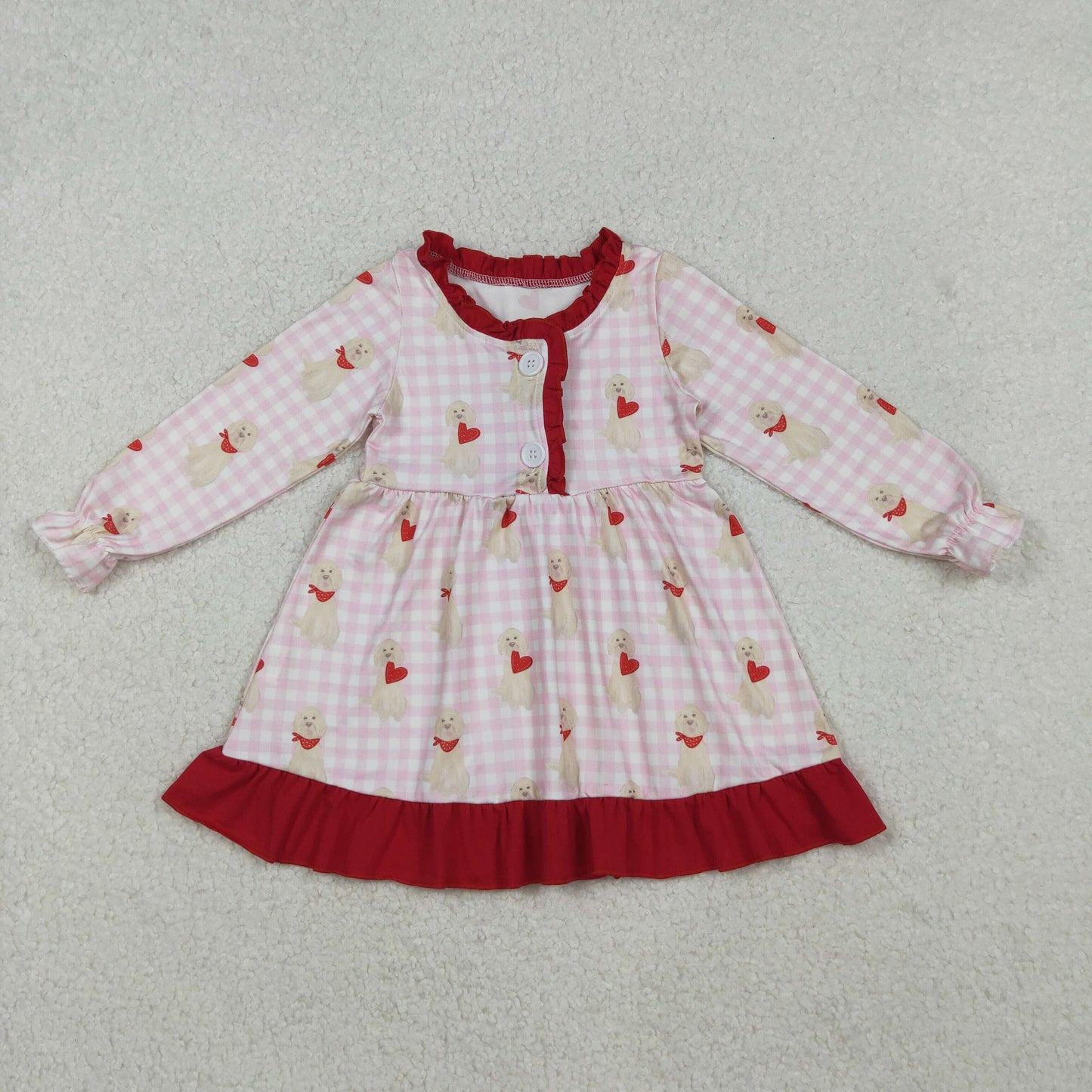 10.21 RTS NO MOQ (In stock)GLD1322 Baby Girls Winter Dress Baby Girls Pink Checked Dogs Hearts Button Ruffle Valentine Knee Length Dress