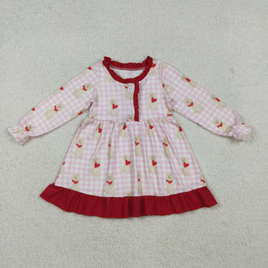 10.21 RTS NO MOQ (In stock)GLD1322 Baby Girls Winter Dress Baby Girls Pink Checked Dogs Hearts Button Ruffle Valentine Knee Length Dress