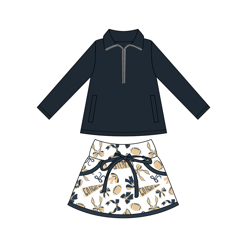 9.22 GLD1337 Baby Girls Black Zipper Pullovers Pockets Team Skorts Yoga Clothes Set Preorder