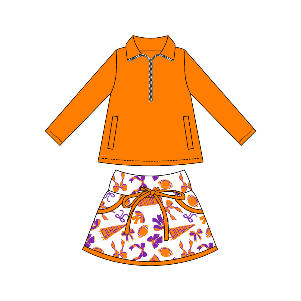 9.22 GLD1338 Baby Girls Orange Zipper Pullovers Pockets Team Skorts Yoga Clothes Set Preorder