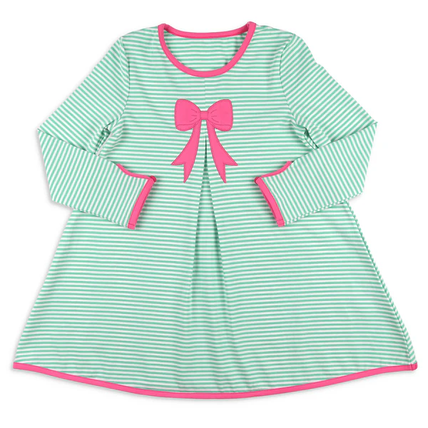 9.22 GLD1342 Baby Girls Aqua Stripes Bow Top Knee Length Dresses Preorder