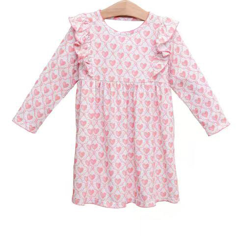 9.23 GLD1343 Baby Girls Pink Long Sleeve Hearts Checked Valentine Knee Length Dresses Preorder