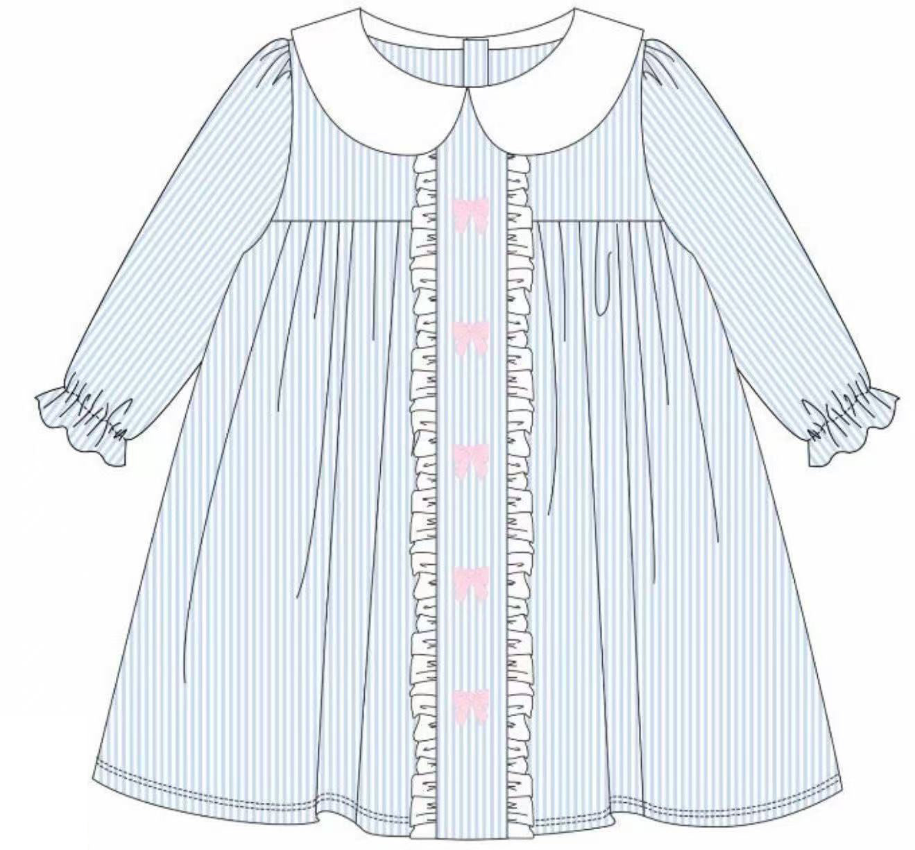9.24 GLD1344 Pre order No Moq Baby Girls Blue Stripe Bows Valentine Ruffle Knee Length Dresses