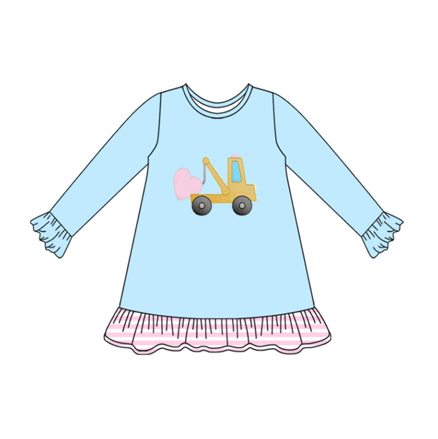 9.24 GLD1348 Pre order No Moq Baby Girls Hearts Excavators Valentine Ruffle Knee Length Dresses