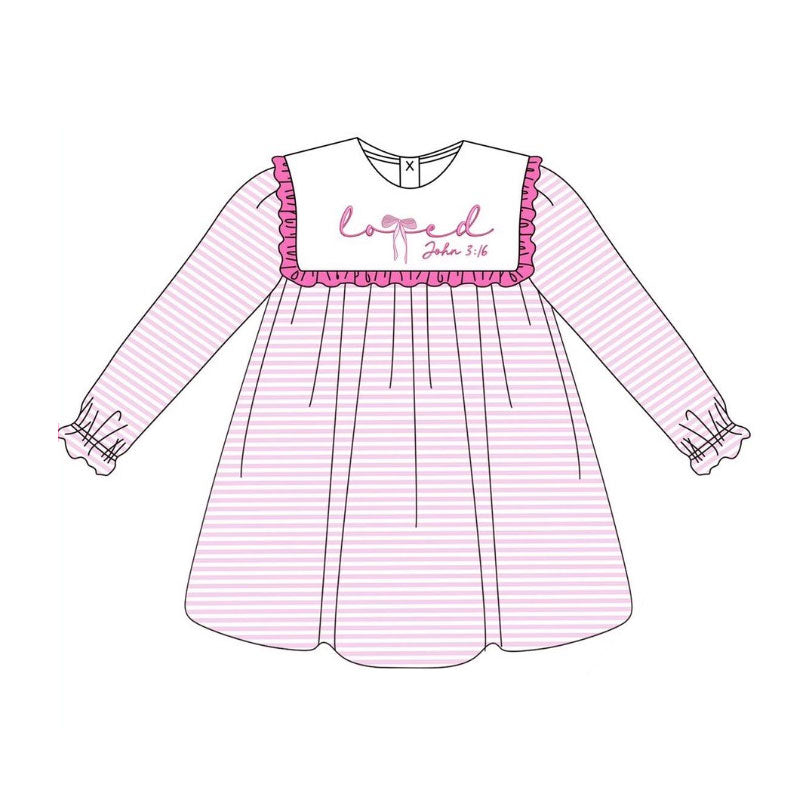 9.25 GLD1350 Pre order No Moq Baby Girls Pink Stripe Love John 3:16 Valentine Knee Length Dresses