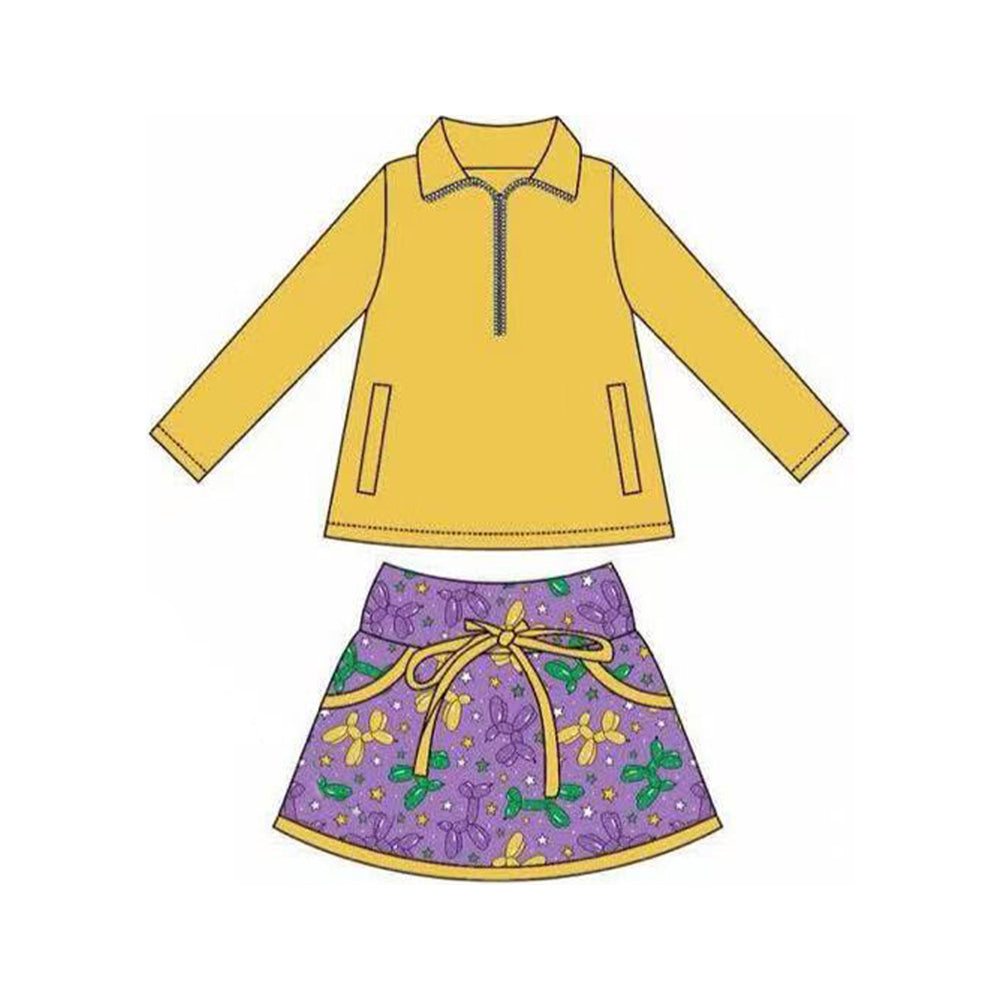 9.26 GLD1353 Pre order No Moq Baby Girls Pockets Zipper Pullovers Skirt Shorts Mardigras Clothes Set
