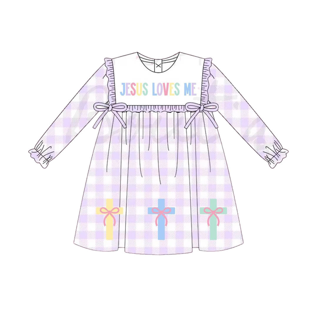 9.27 GLD1356 Pre order No Moq Baby Girls Lavender Checked Jesus Love Me Cross Knee Length Dresses