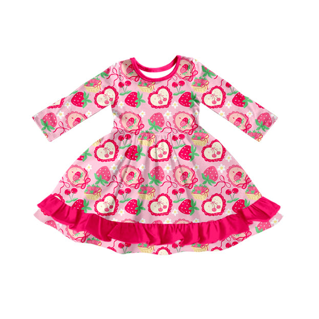 9.30 GLD1359 Pre order No Moq Baby Girls Pink Bows Strawberry Flowers Ruffle Knee Length Dresses