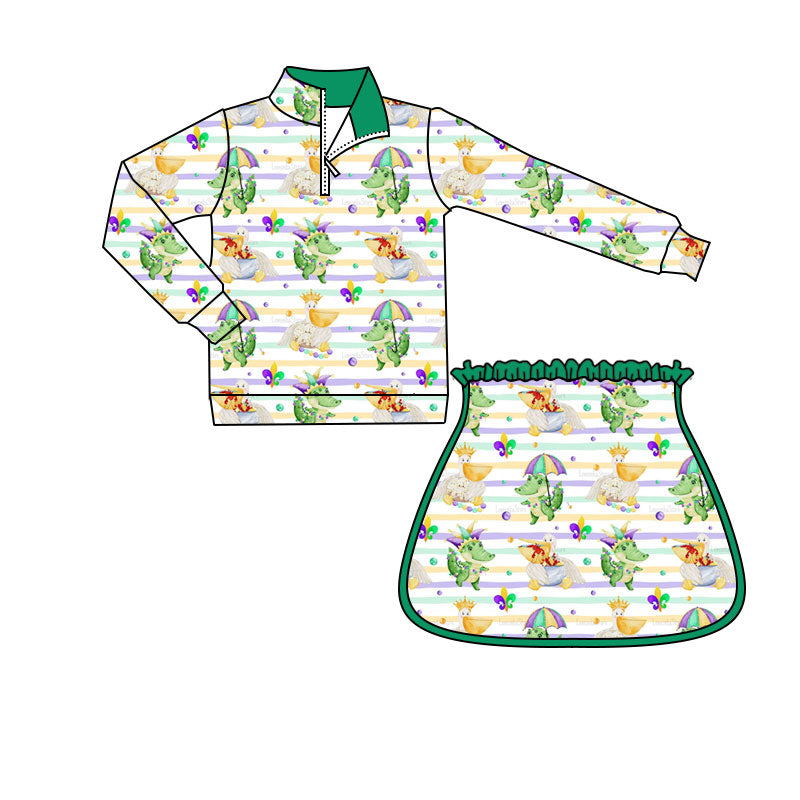 10.1 GLD1368 Pre order No Moq Yoga fabric Baby Girls Mardigras Anchors Crocodiles Zipper Pullovers Skirt Shorts Yoga Clothes Set