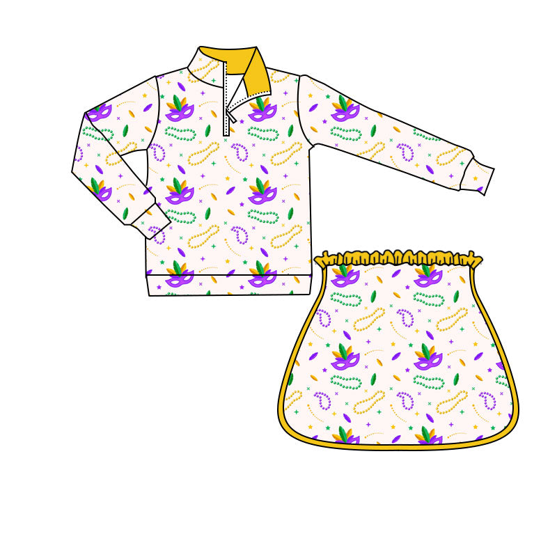10.1 GLD1370 Pre order No Moq Yoga fabric Baby Girls Mardigras Anchors Masks Zipper Pullovers Skirt Shorts Yoga Clothes Set