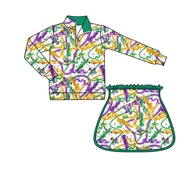 10.1 GLD1371 Pre order No Moq Yoga fabric Baby Girls Mardigras Anchors Furs Zipper Pullovers Skirt Shorts Yoga Clothes Set