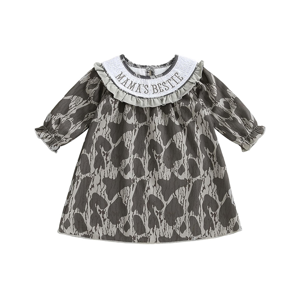 10.2 GLD1372 Pre order No Moq Baby Girls Mama's Bestie Leaves Camo Collar Knee Length Dresses