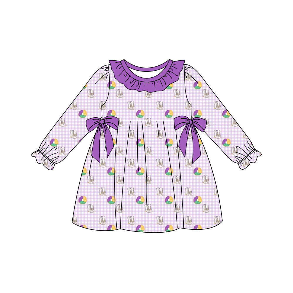 10.13 GLD1379 Pre order No Moq Baby Girls Purple Checked Boots Donuts Bows Mardigras Knee Length Dresses
