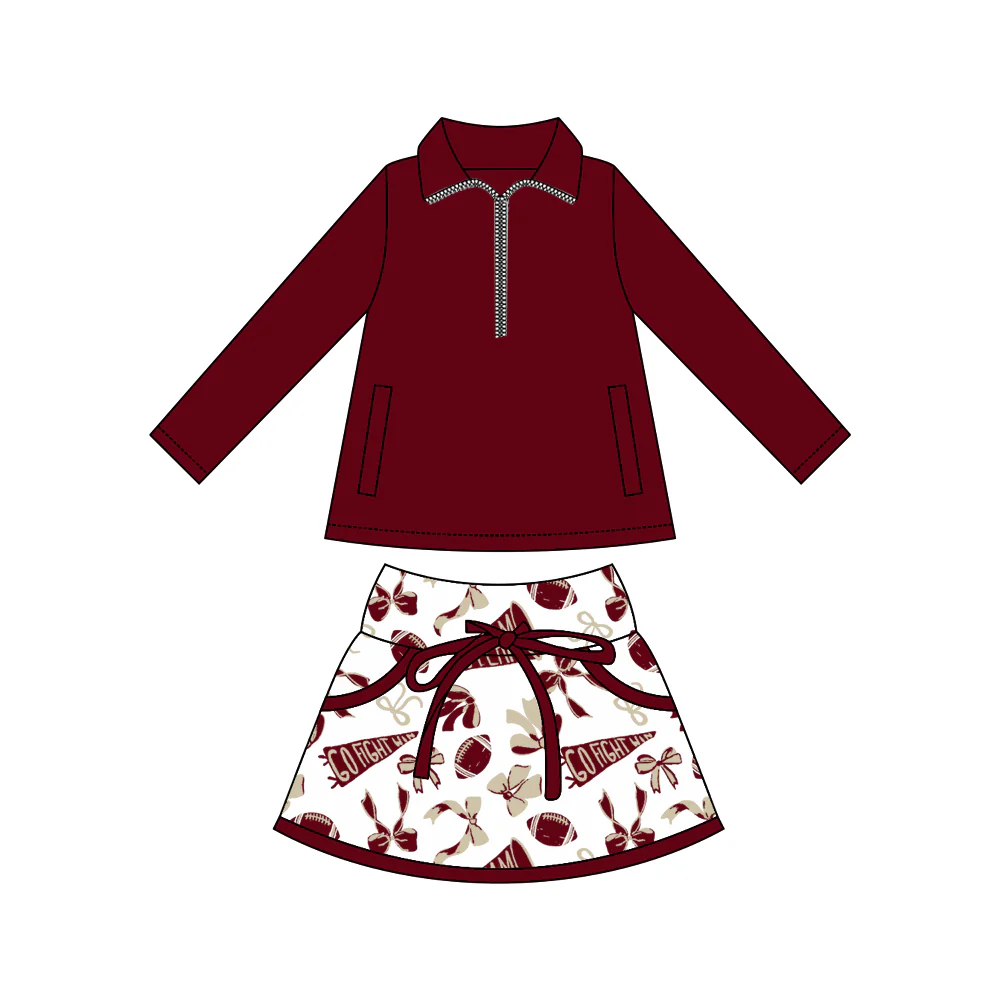 10.14 GLD1384 Pre order No Moq Yoga fabric Baby Girls Dark Red Pullovers Bows Footballs Pockets Skorts Go Team Yoga Clothes Set