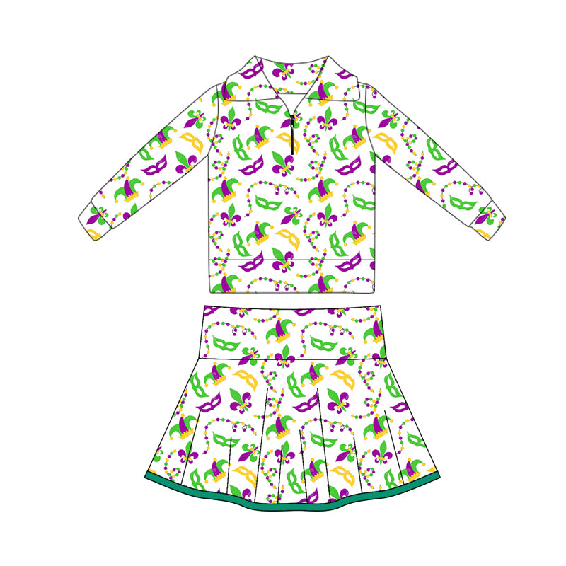 10.17 GLD1396 Pre order No Moq Yoga fabric Baby Girls Mardigras Anchors Masks Zipper Pullovers Skorts Yoga Clothes Sets