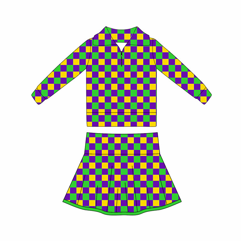 10.17 GLD1397 Pre order No Moq Yoga fabric Baby Girls Mardigras Checked Zipper Pullovers Skorts Yoga Clothes Sets