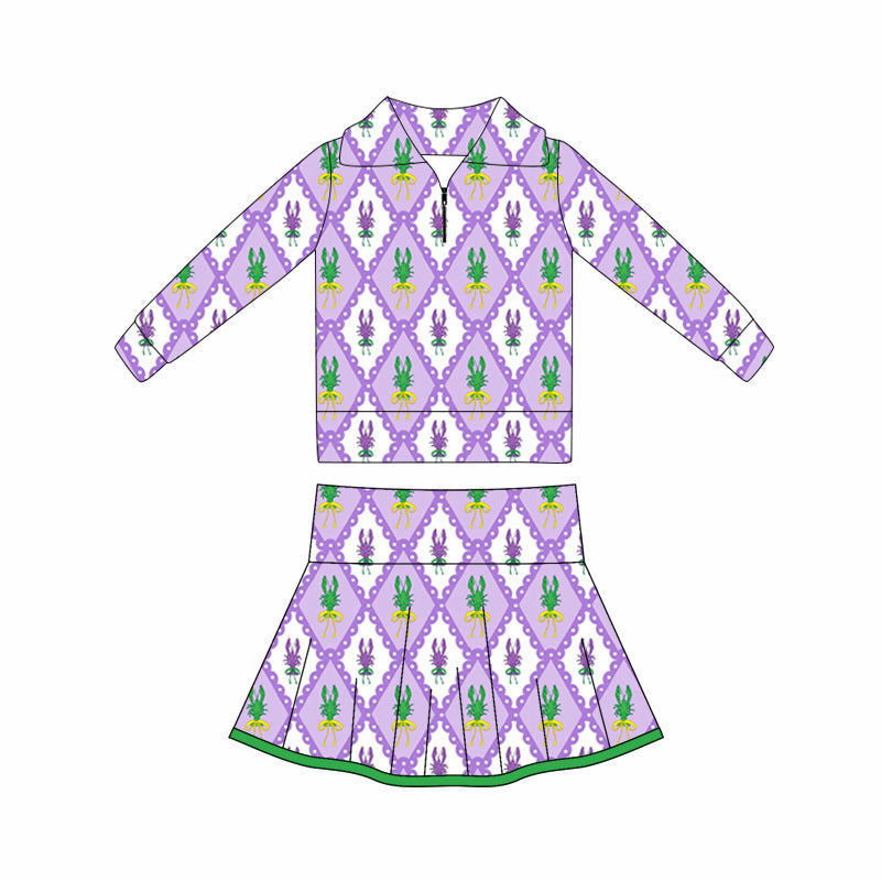 10.17 GLD1399 Pre order No Moq Yoga fabric Baby Girls Mardigras Crayfishes Checked Zipper Pullovers Skorts Yoga Clothes Sets