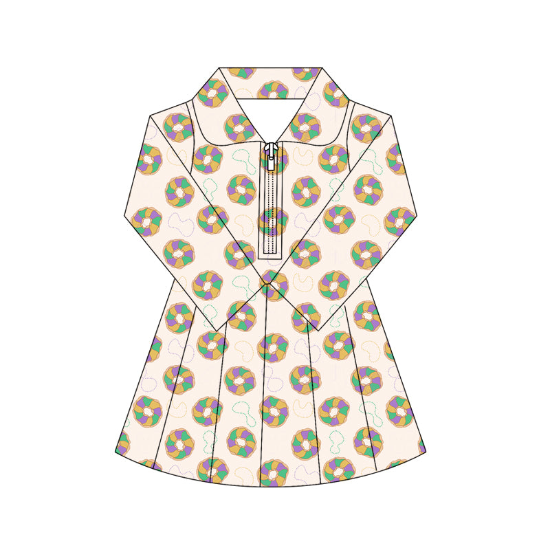 10.17 GLD1408 Pre order No Moq Yoga fabric Baby Girls Mardigras Donuts Lights Yoga Shorts Zipper Knee Length Dresses