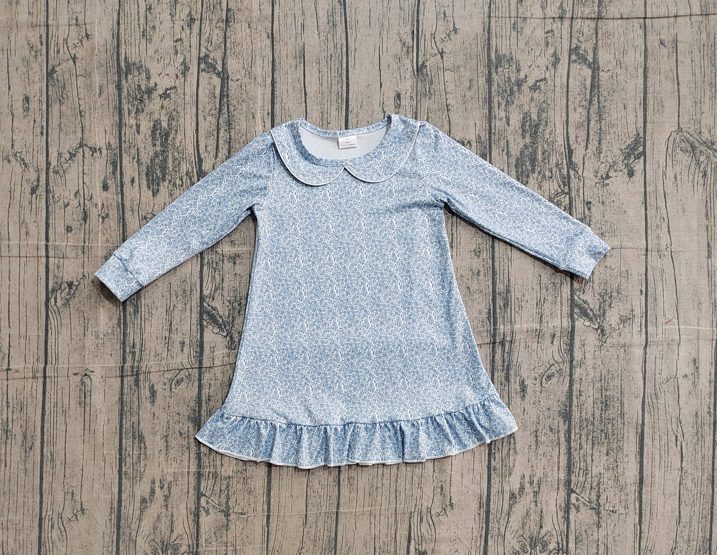 2.5 GLD1424 Pre order No Moq Baby Girls Blue Floral Ruffle Collar Knee Length Dresses