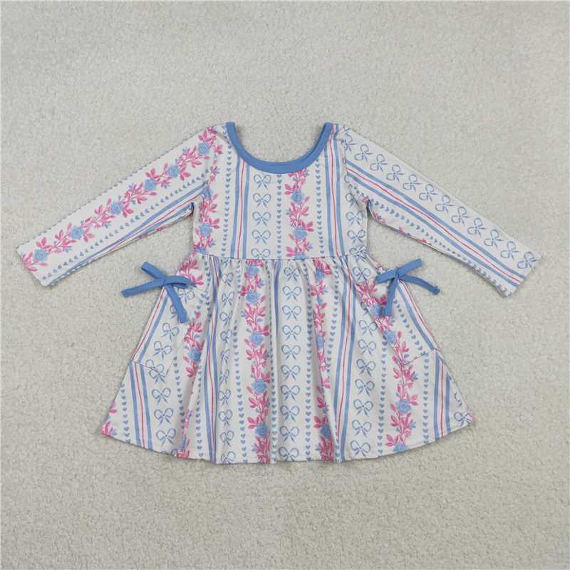 11.29 RTS NO MOQ (In stock)GLD1427 Baby Girls Winter Dress Baby Girls Bows Flowers Stripe Pockets Knee length Dresses