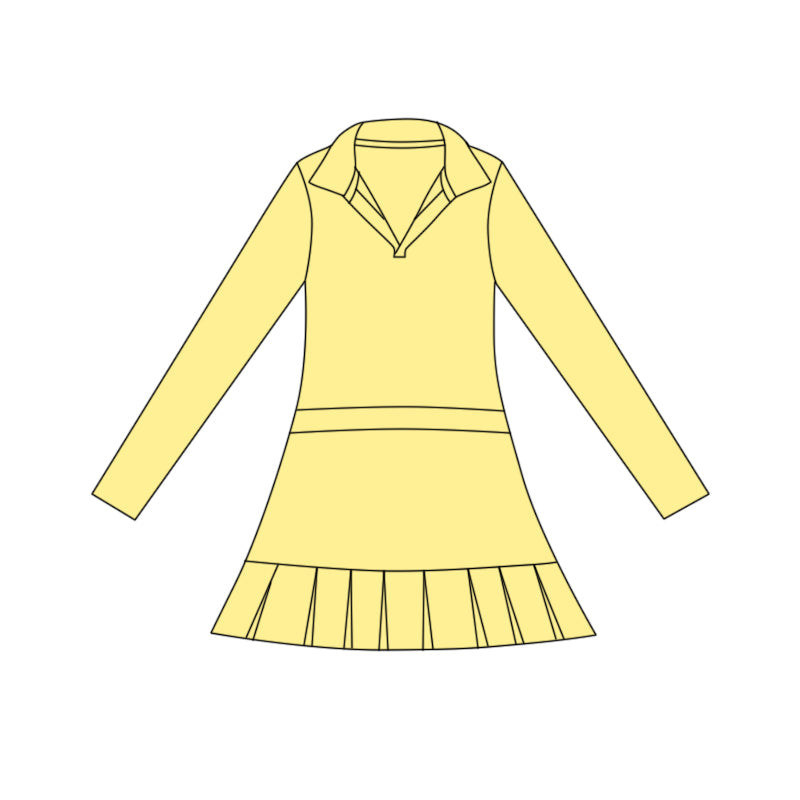 11.3 GLD1444 Pre order No Moq Yoga fabric Baby Girls Yellow Long Sleeve Pleated Ruffle Knee Length Dresses
