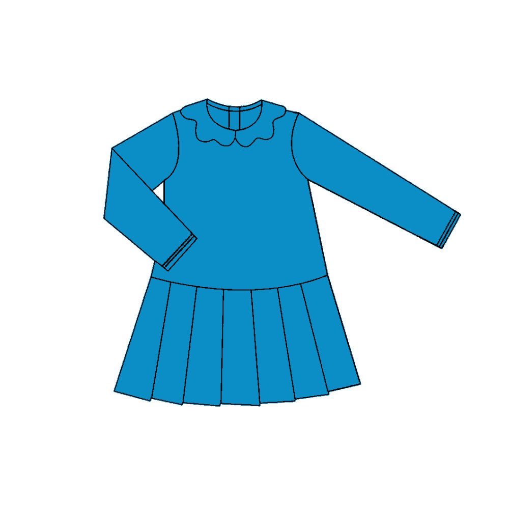 11.3 GLD1450 Pre order No Moq Yoga fabric Baby Girls Hot Blue Long Sleeve Collar Pleated Knee Length Dresses