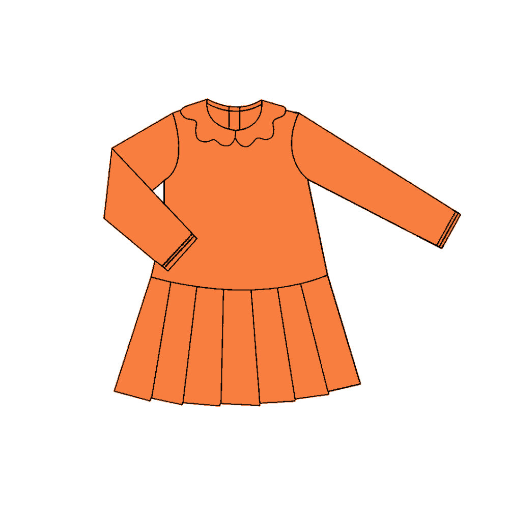 11.3 GLD1455 Pre order No Moq Yoga fabric Baby Girls Orange Long Sleeve Collar Pleated Knee Length Dresses
