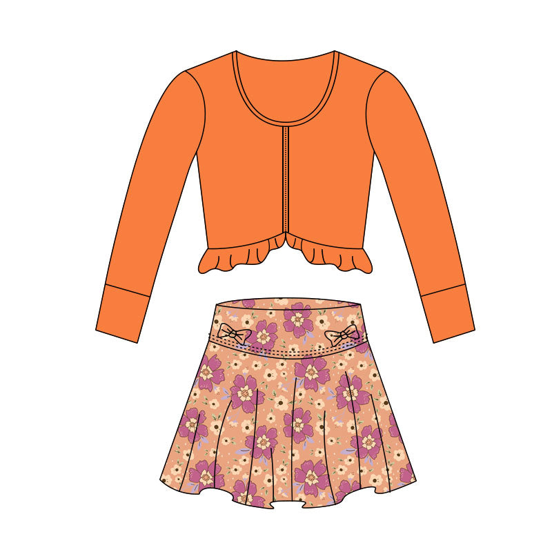 11.3 GLD1460 Pre order No Moq Yoga fabric Baby Girls Orange Zipper Jackets Flowers Bows Skirts Shorts Yoga Clothes Sets