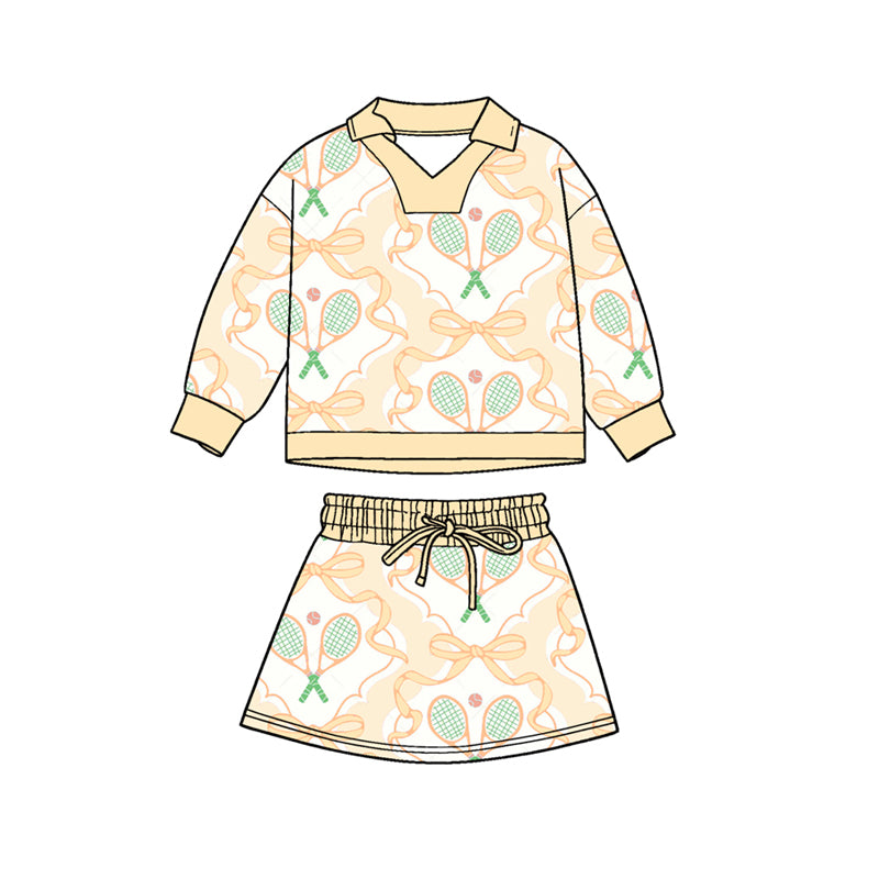 11.4 GLD1475 Pre order No Moq Baby Girls Yellow Bows Tennis Long Sleeve Skirts Shorts Clothes Sets