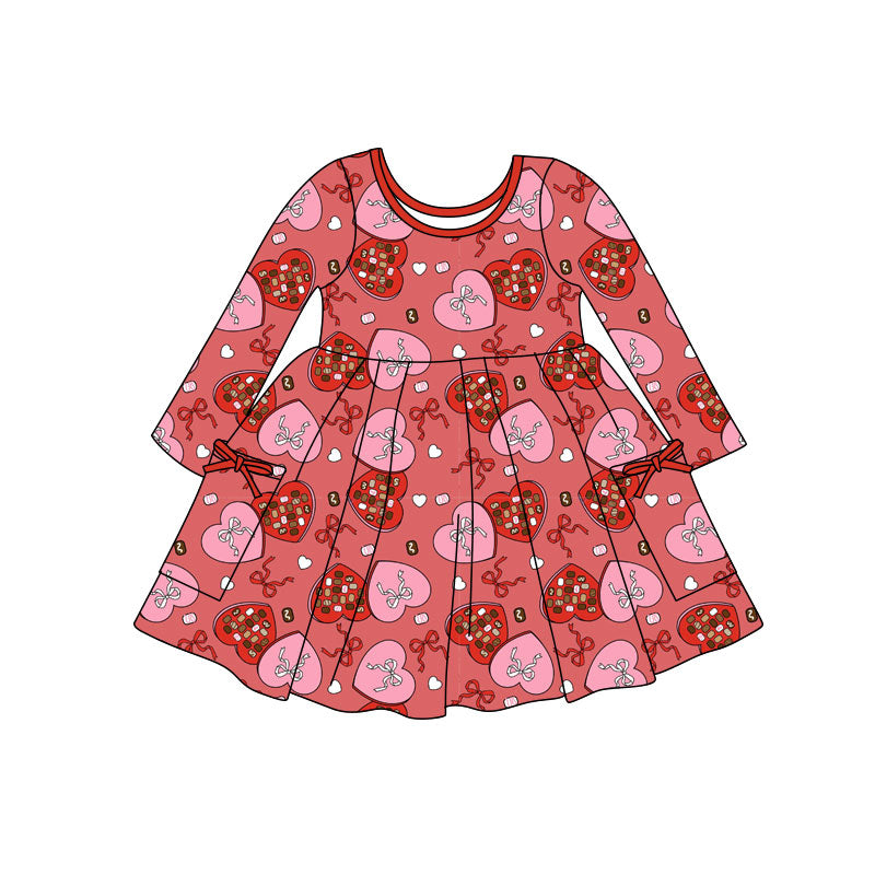 11.7 GLD1488 Pre order No Moq Baby Girls Hearts Bows Pockets Valentine Knee Length Dresses
