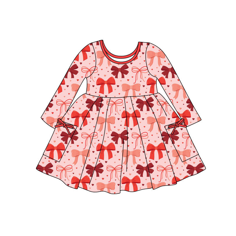 11.7 GLD1490 Pre order No Moq Baby Girls Hearts Bows Pockets Valentine Knee Length Dresses