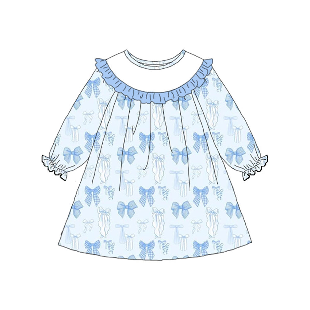 11.8 GLD1497 Pre order No Moq Baby Girls Blue Long Sleeve Bows Plaid Valentine Knee Length Dresses